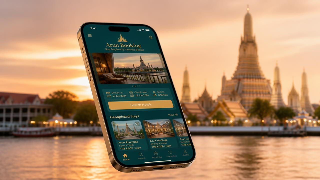 หน้าจอแอปมือถือ Arun Booking บนพื้นหลังวัดอรุณ