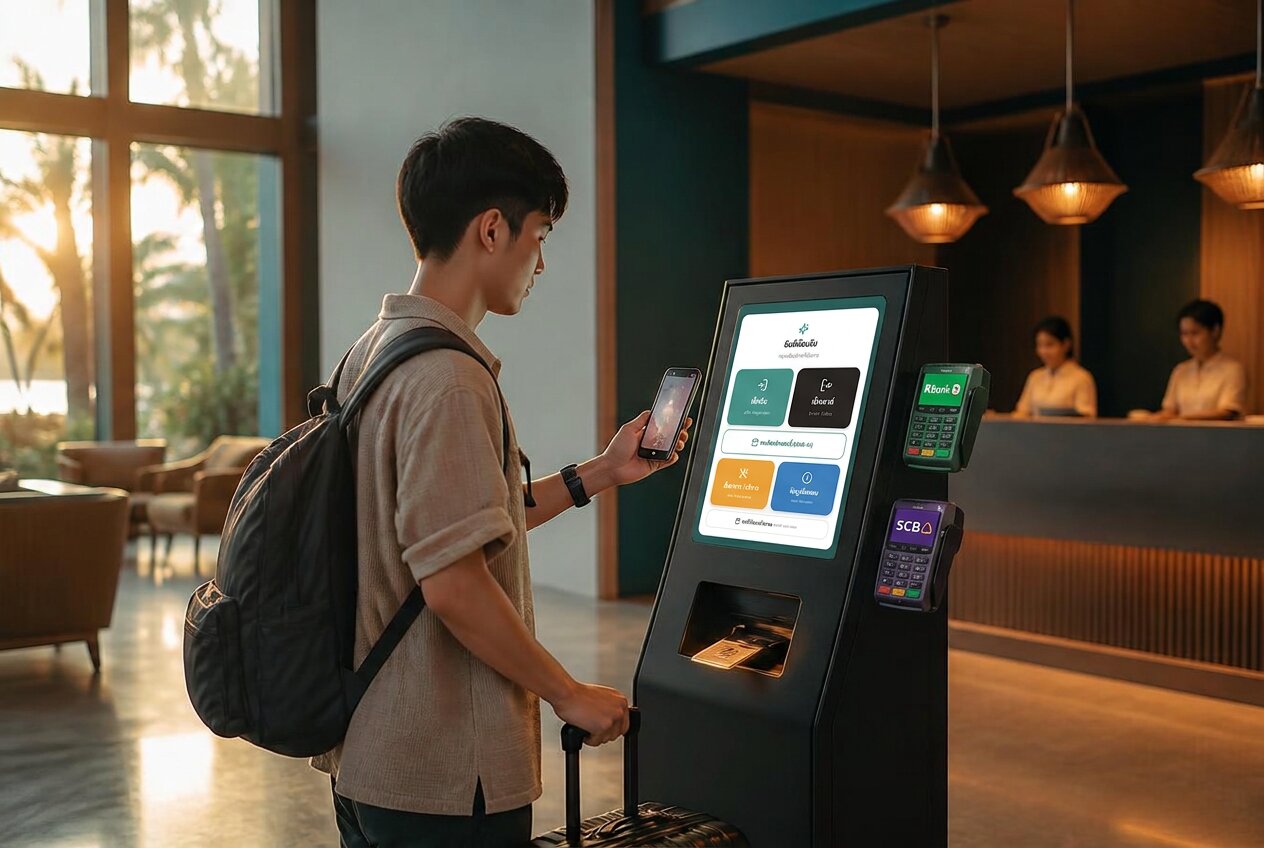 ตู้ Kiosk พร้อมเครื่องรูดบัตร Kbank และ SCB ในล็อบบี้โรงแรม