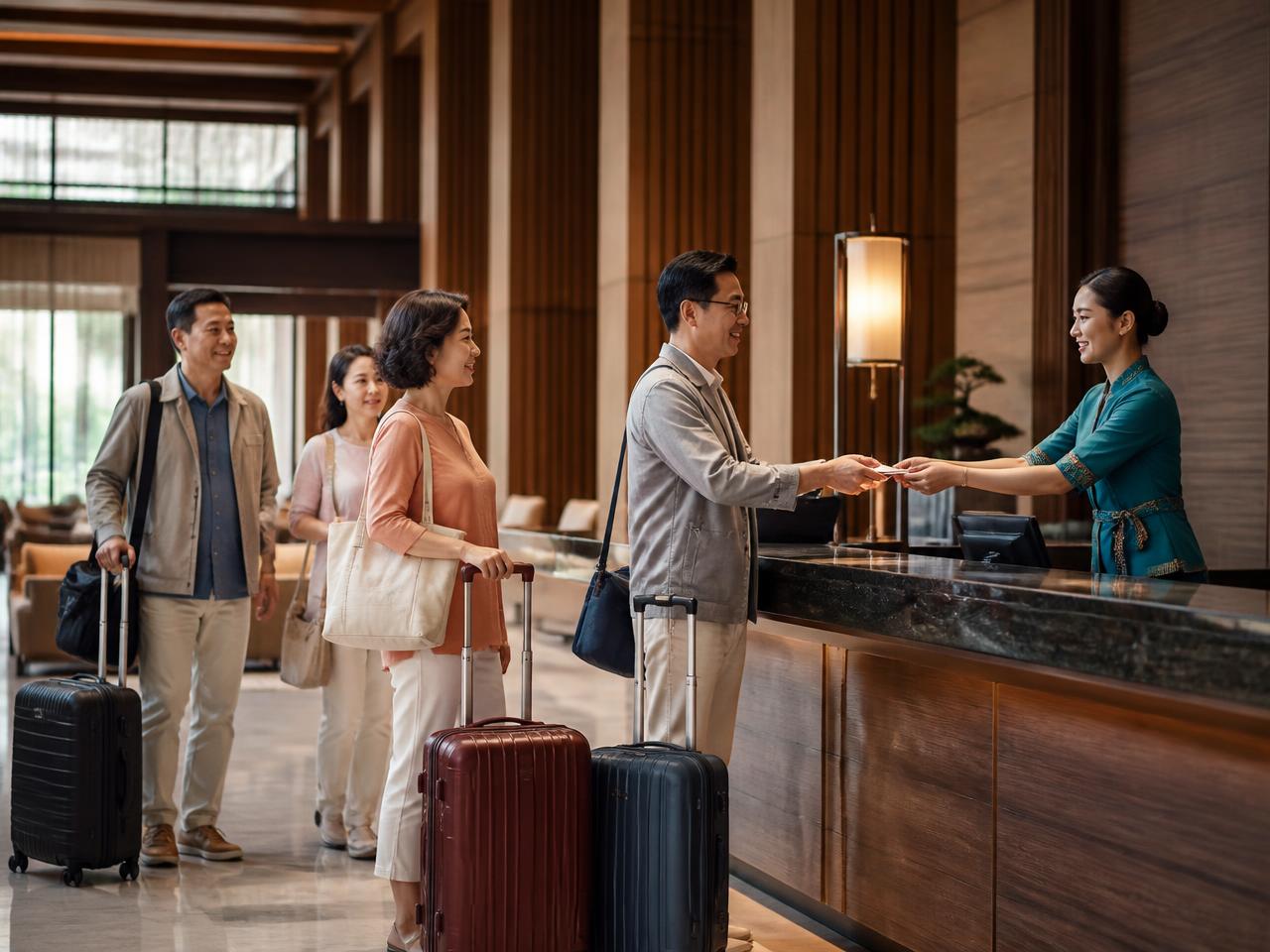 กรุ๊ปทัวร์เช็คอินพร้อมกันที่เคาน์เตอร์โรงแรมผ่าน ARUN