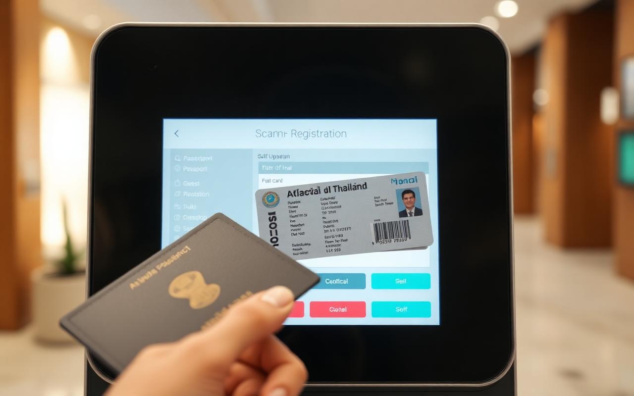 สแกนพาสปอร์ตและบัตรประชาชนลงทะเบียนผู้เข้าพัก ตม.30 ที่ตู้ Kiosk