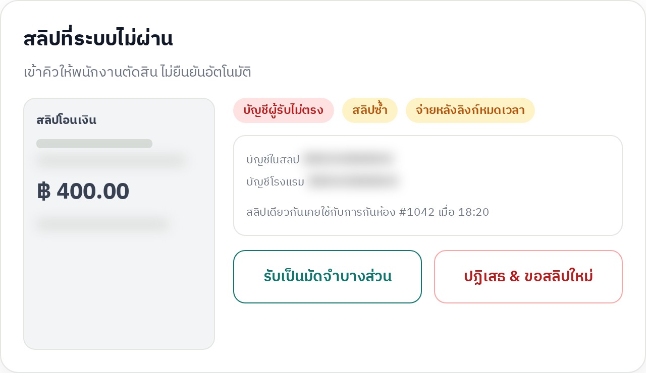 สลิปที่ระบบไม่ผ่าน พร้อมป้ายเหตุผล บัญชีผู้รับไม่ตรงและสลิปซ้ำ