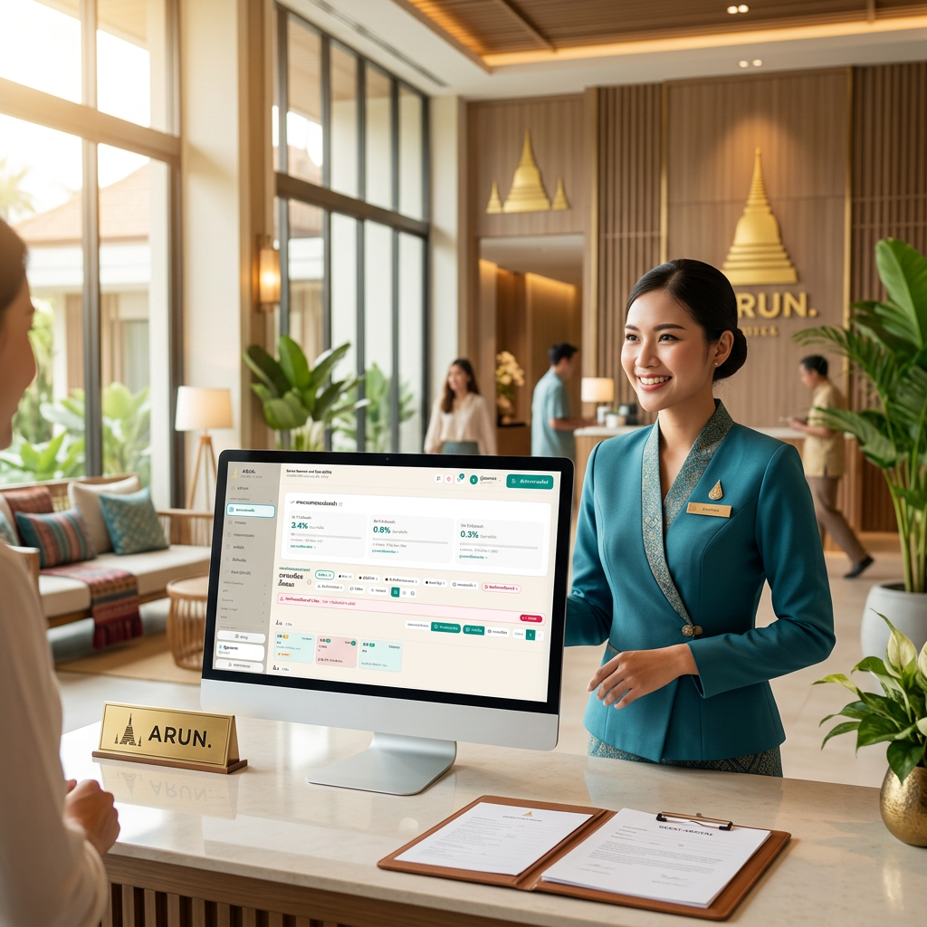 หน้าจอแดชบอร์ด PMS ของ ARUN แสดงสถานะห้องพักและการจอง